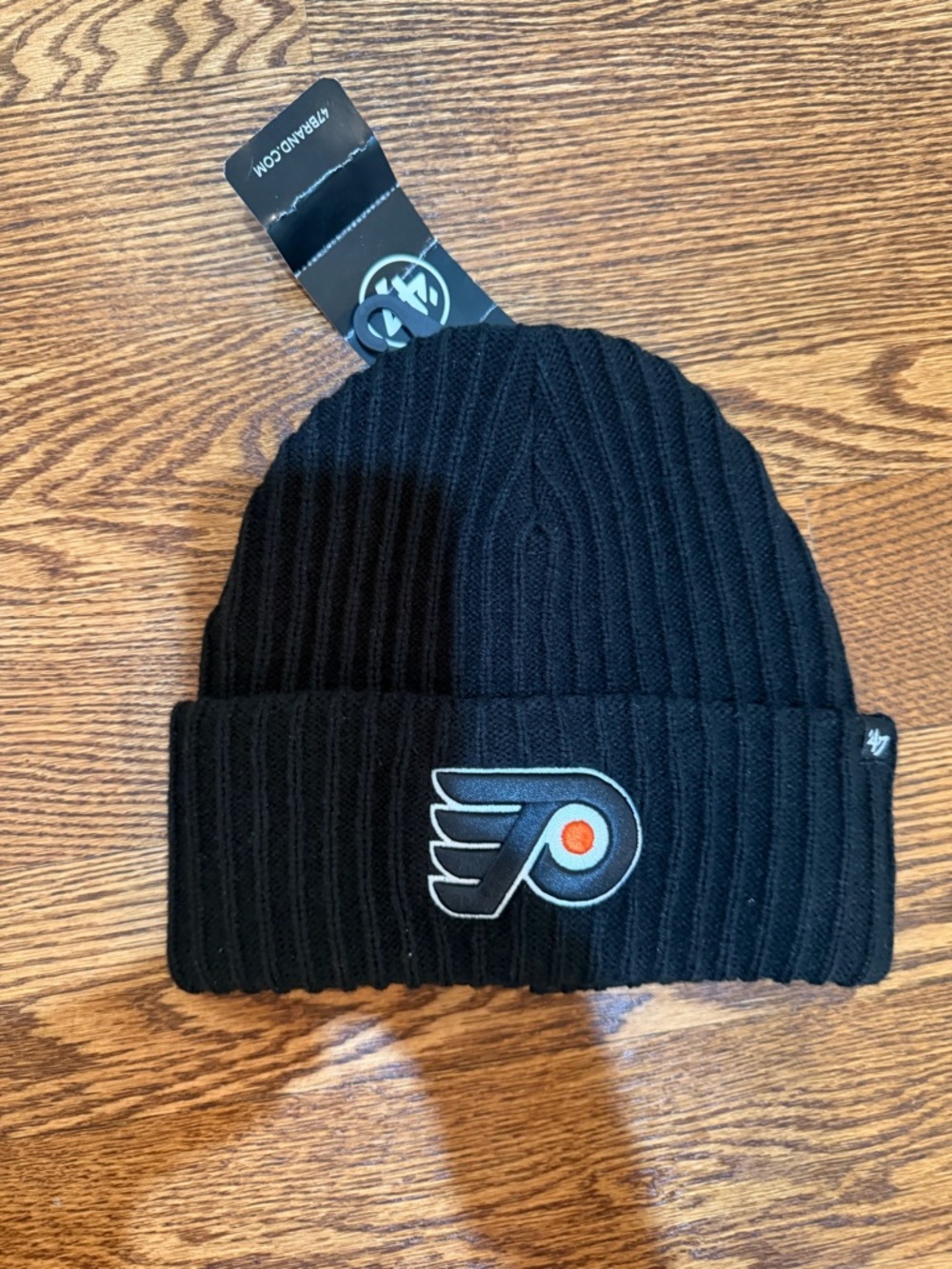 47 Kids Black Ribbed Beanie with Flyers Patch
